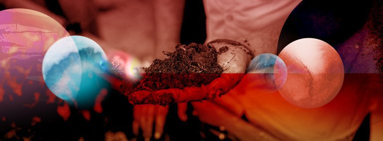 Hands holding soil in a collage illustrating nature’s role in entrepreneurship education.